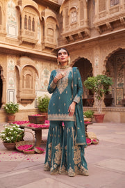 Rama Chinon Embroidered Sharara Suit Set with Dupatta