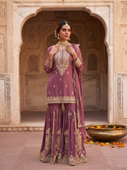Pink Chinon Embroidered Sharara Suit Set with Dupatta