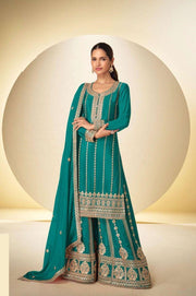 Designer Teal Chinon Embroidered Palazzo Suit with Matching Dupatta