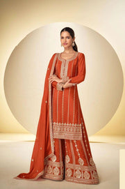 Designer Orange Chinon Embroidered Palazzo Suit with Matching Dupatta