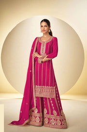 Designer Pink Chinon Embroidered Palazzo Suit with Matching Dupatta