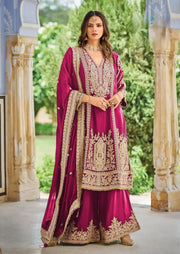 Magenta Heavy Embroidered Chinon Palazzo Suit with Dupatta