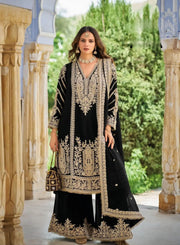 Black Heavy Embroidered Chinon Palazzo Suit with Dupatta