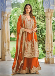 Orange Heavy Embroidered Chinon Palazzo Suit with Dupatta