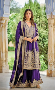 Blue Heavy Embroidered Chinon Palazzo Suit with Dupatta