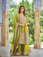 Green Heavy Embroidered Chinon Palazzo Suit with Dupatta
