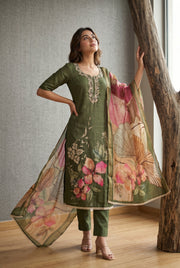 Mahendi Cotton Linen Simmer Printed Suit Set with Hand Work Dupatta