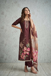 Brown Cotton Linen Simmer Printed Suit Set with Hand Work Dupatta