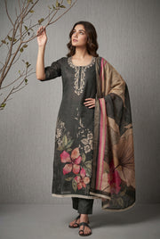 Black Cotton Linen Simmer Printed Suit Set with Hand Work Dupatta