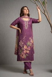Purple Cotton Linen Simmer Printed Suit Set with Hand Work Dupatta