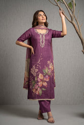Purple Cotton Linen Simmer Printed Suit Set with Hand Work Dupatta