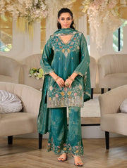 Teal Roman Silk Embroidered Palazzo Suit Set
