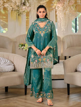 Teal Roman Silk Embroidered Palazzo Suit Set