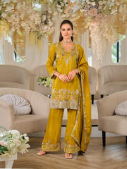 Yellow Roman Silk Embroidered Palazzo Suit Set