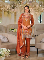 Orange Roman Silk Embroidered Palazzo Suit Set