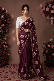 Maroon Floral Printed Chiffon Saree