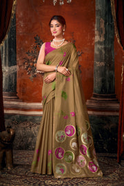 Brown Khadi Cotton Saree with Woven Designer Work | Party Wear Saree