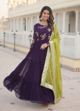 Gown of Faux Georgette in Purple Colour