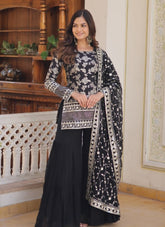 Faux Georgette Salwar Suit in Black