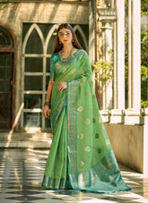 Primary Looking Partywear Parrot Green Colour Saree