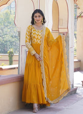 Delightful Wedding Wear Long Gown in Yellow Colour