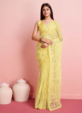 Embroidered saree in yellow colour