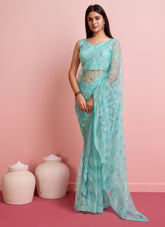 Sequence embroidered sky blue colour saree