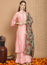 Tusser silk salwar suit in pink colour