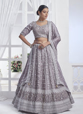 Grey chiffon partywear lehenga choli looking complicated
