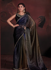 Saree in Navy and Mustard Colour Looking Dazzling