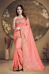 Peach Colour Saree Looking Dressy