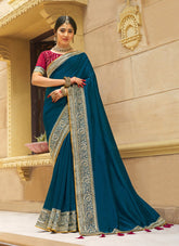 Outstanding Teal Blue Color Saree