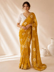 Mustard Floral Printed Chiffon Saree