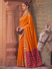 Orange Purple Silk Woven Designer Saree with Contrast Pallu