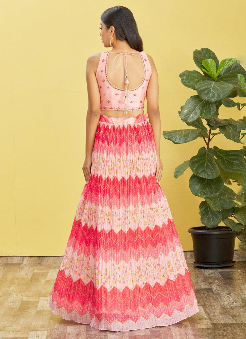 Embroidered Chinnon Lehenga in Pink