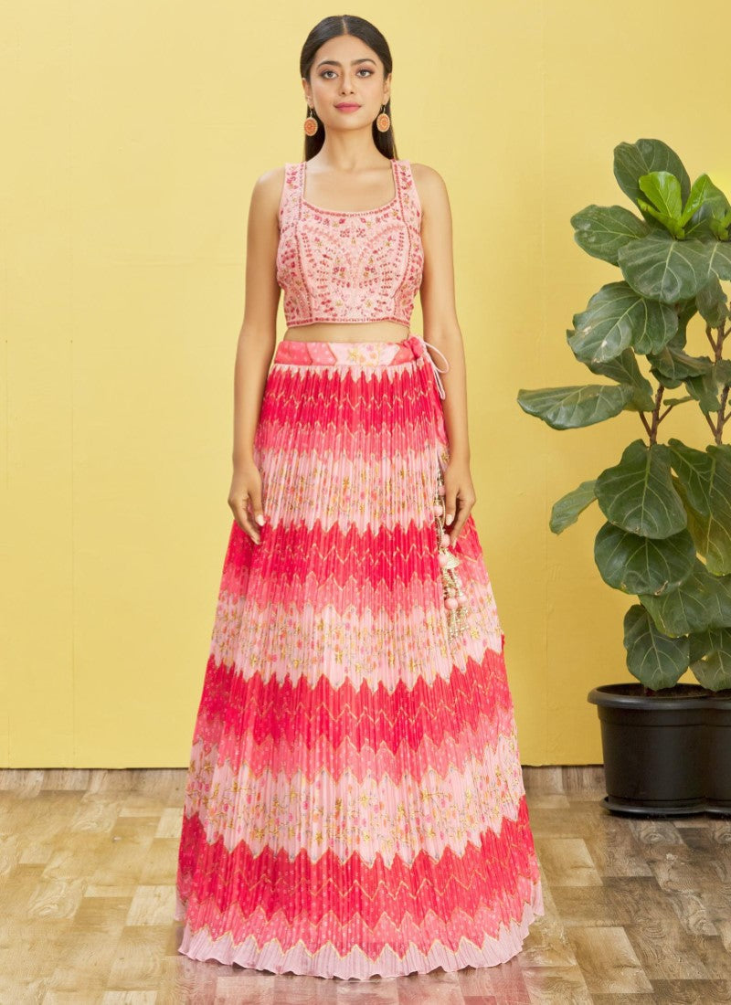 Embroidered Chinnon Lehenga in Pink