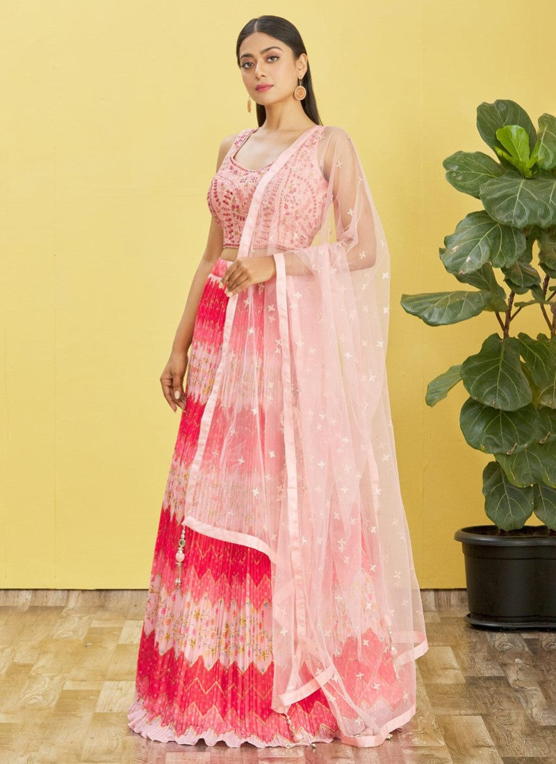 Embroidered Chinnon Lehenga in Pink