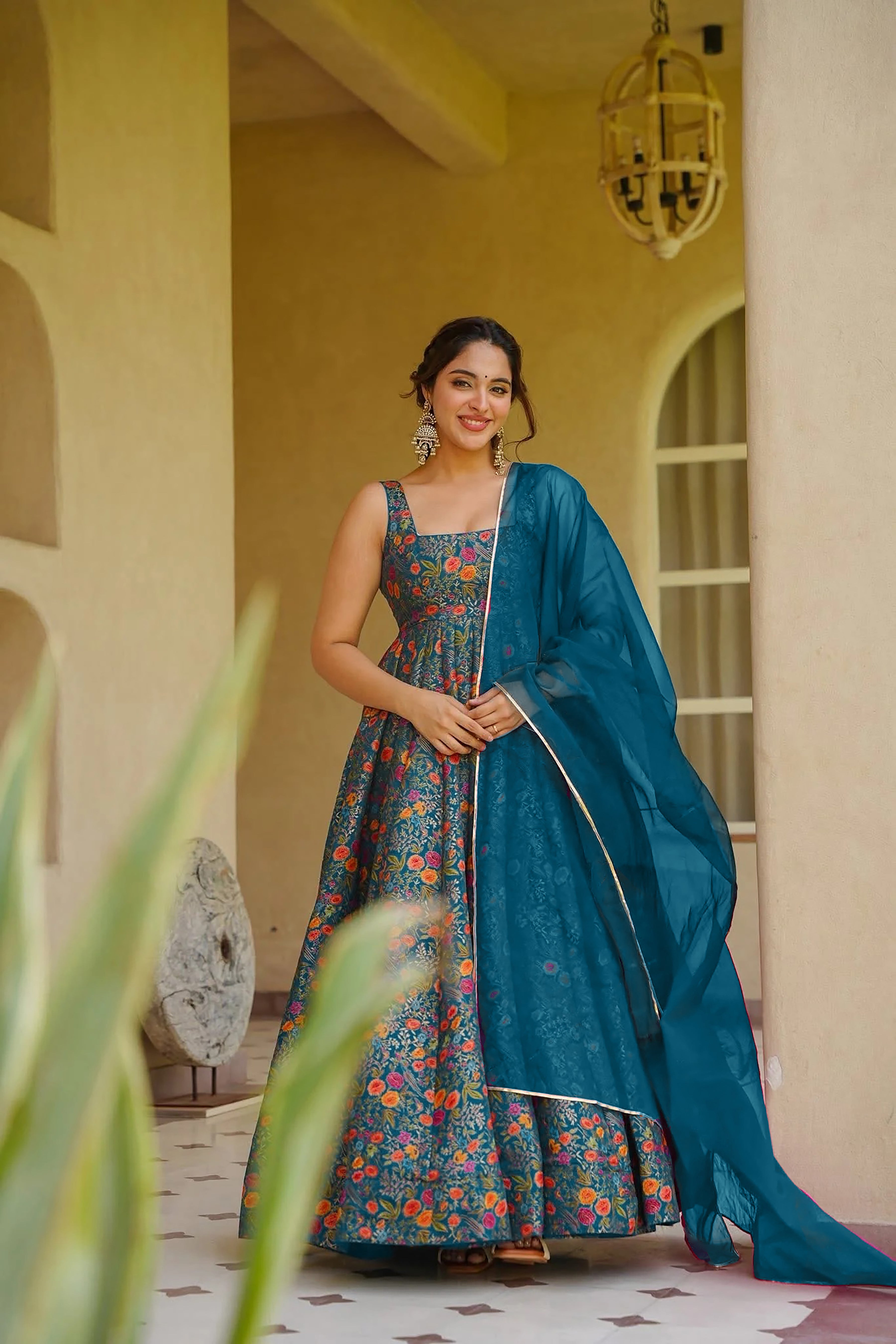 Women's Blue Floral Printed Anarkali Gown with Pink Organza Dupatta | Festive Wear (Copy)