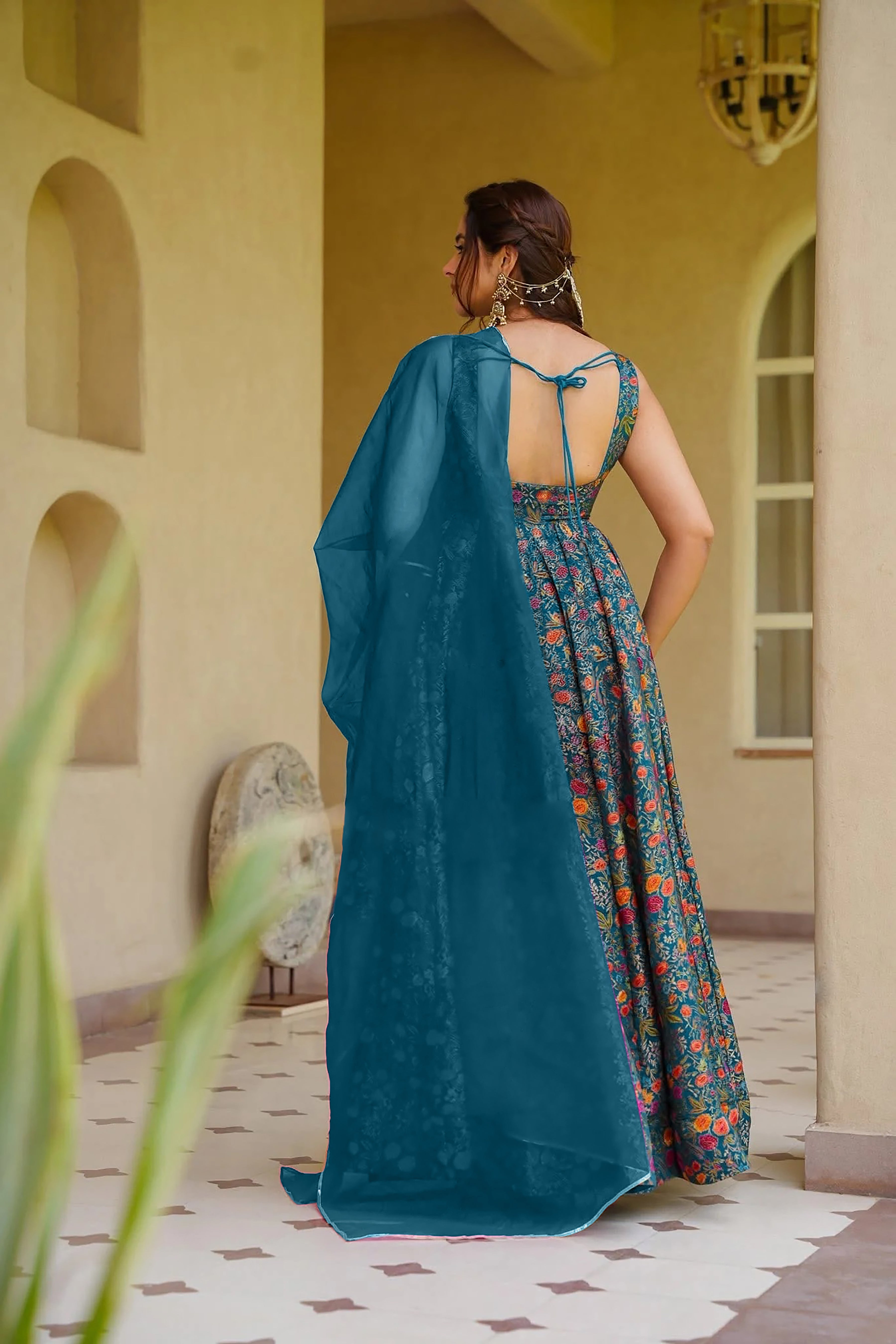 Women's Blue Floral Printed Anarkali Gown with Pink Organza Dupatta | Festive Wear (Copy)