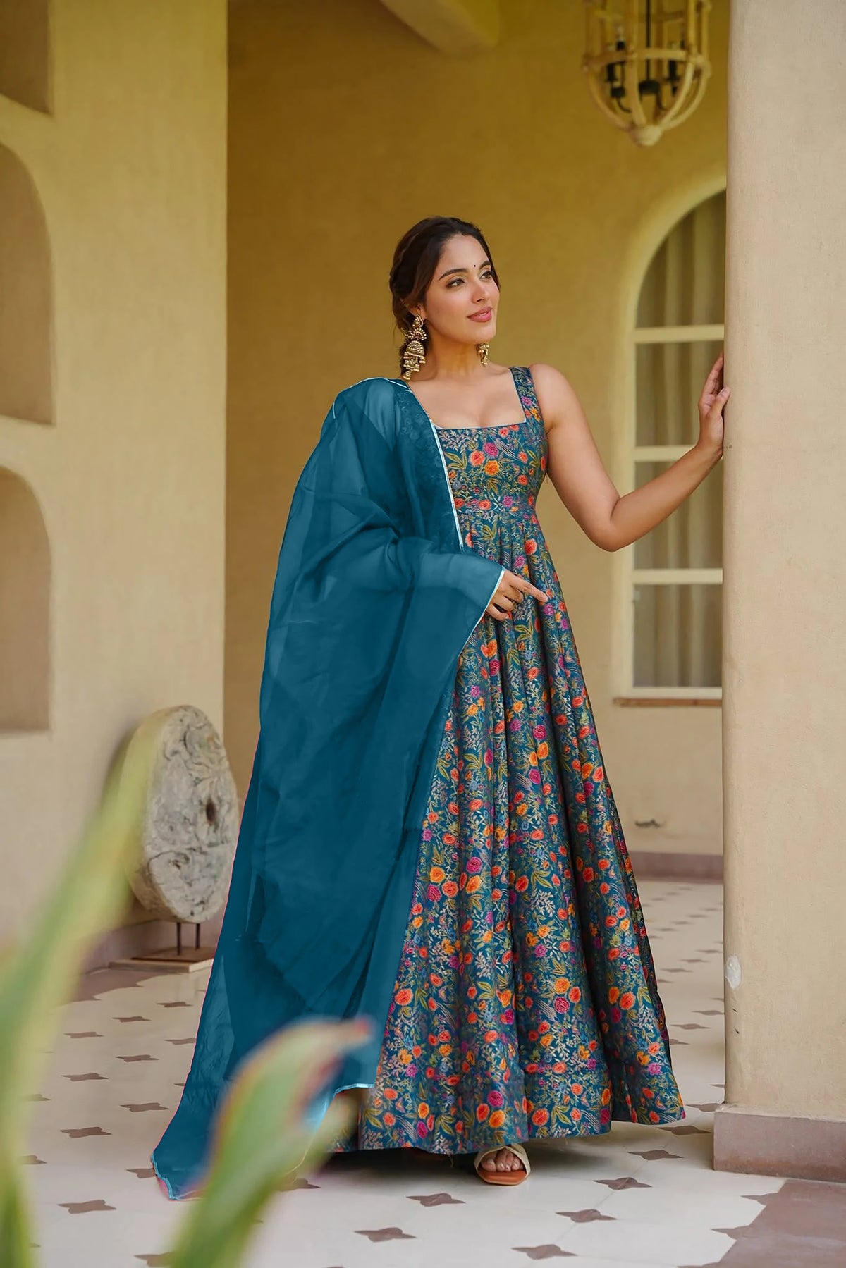 Women's Blue Floral Printed Anarkali Gown with Pink Organza Dupatta | Festive Wear (Copy)
