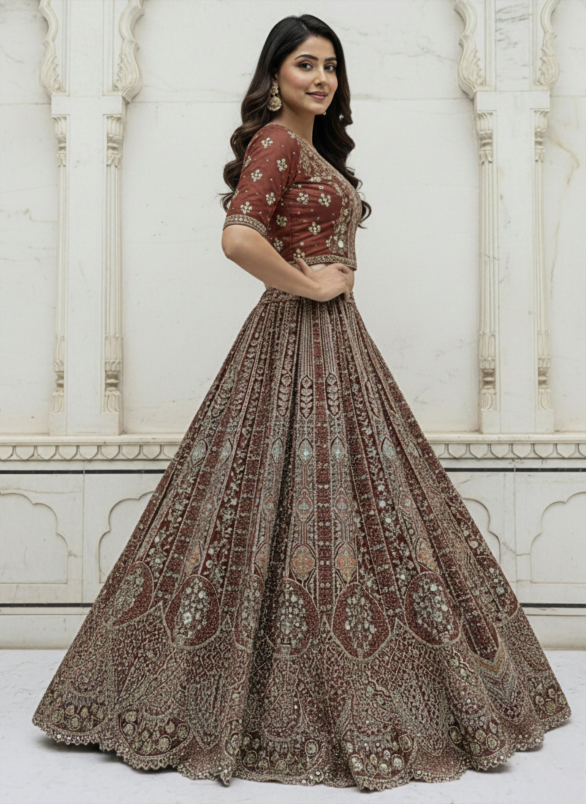 Burgundy Metallic Embroidered Organza Designer Lehenga Choli