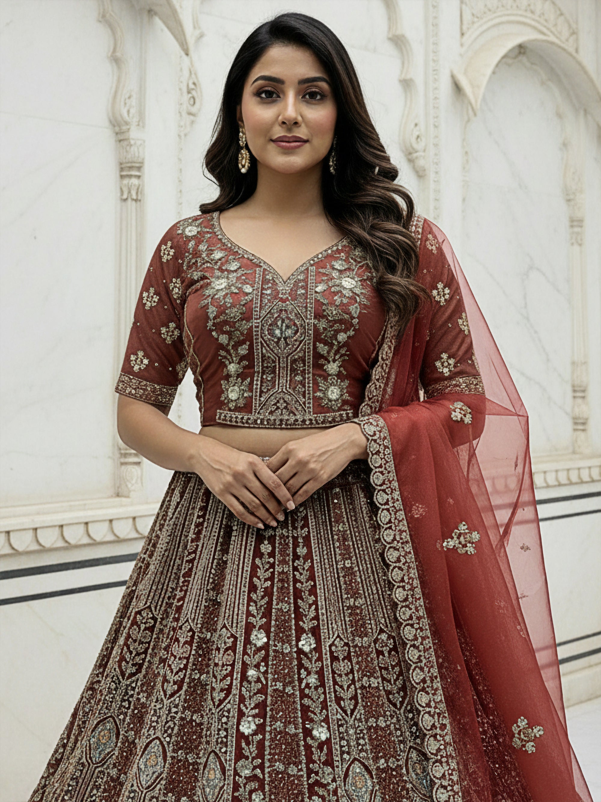 Burgundy Metallic Embroidered Organza Designer Lehenga Choli