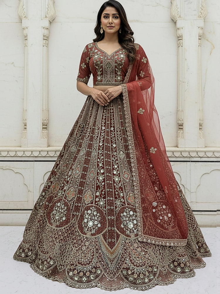 Burgundy Metallic Embroidered Organza Designer Lehenga Choli