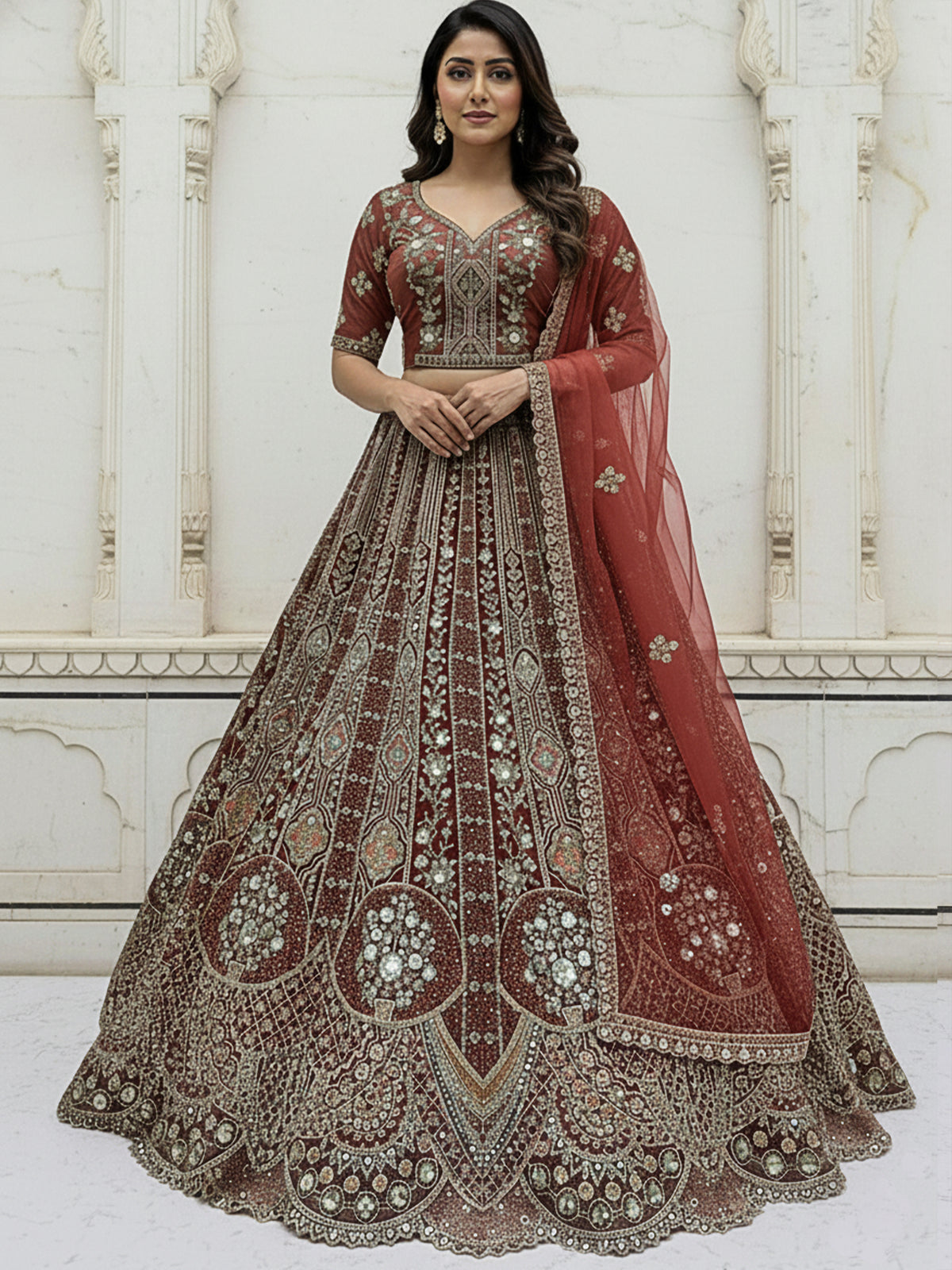 Burgundy Metallic Embroidered Organza Designer Lehenga Choli