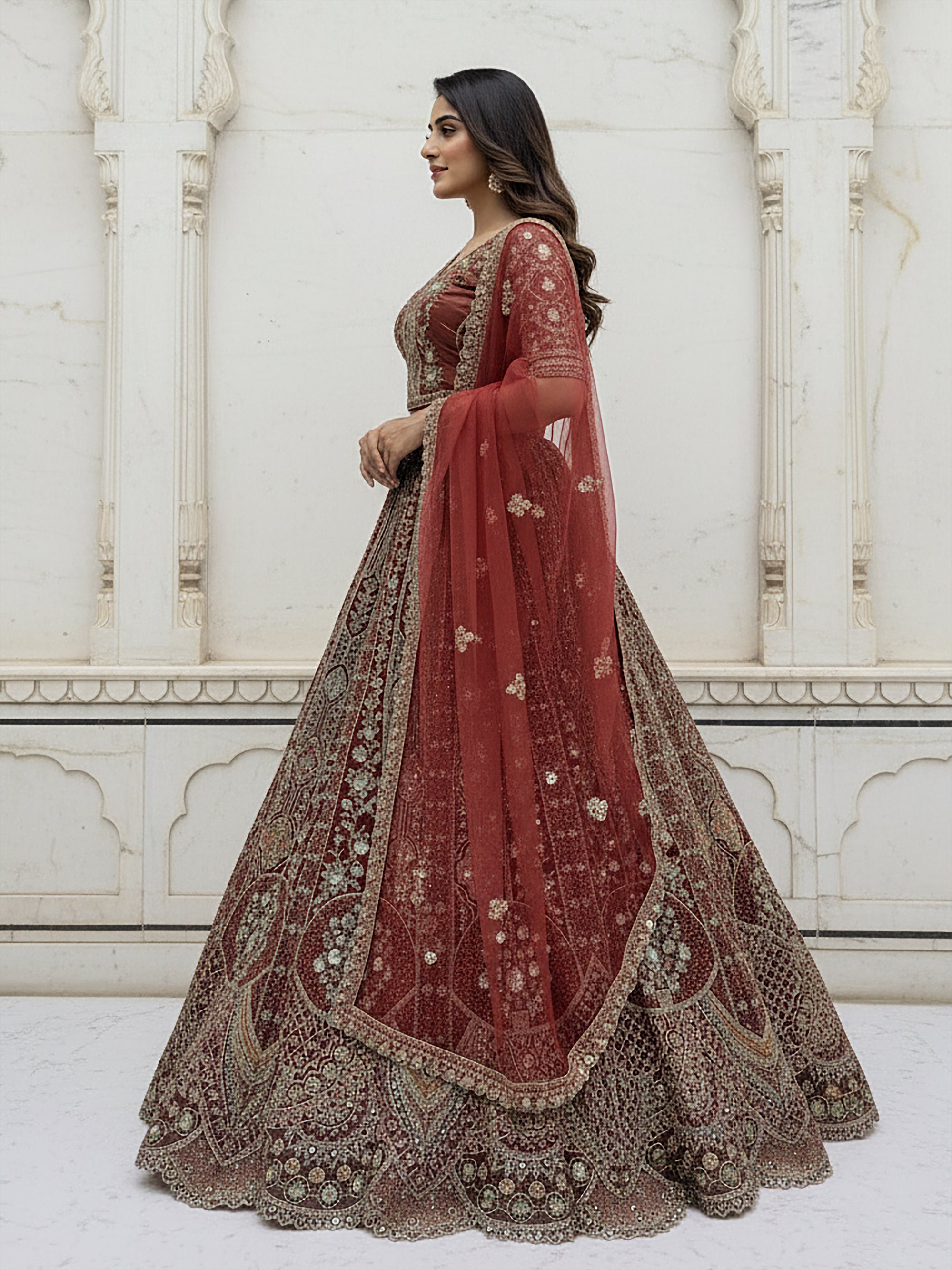 Burgundy Metallic Embroidered Organza Designer Lehenga Choli