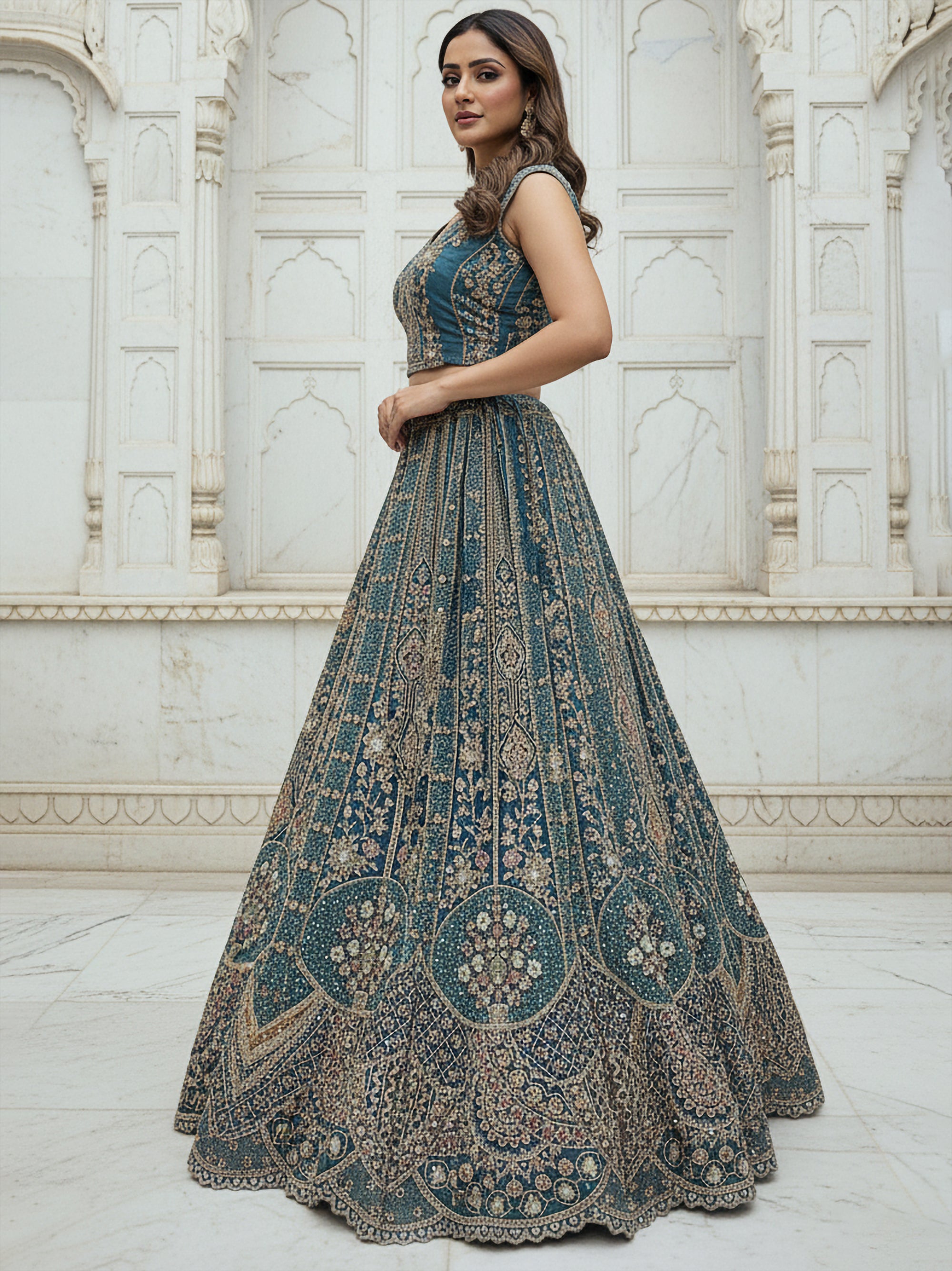 Teal Blue Designer Party Wear Lehenga Choli with Sequins, Zari, Dori & Diamond Work