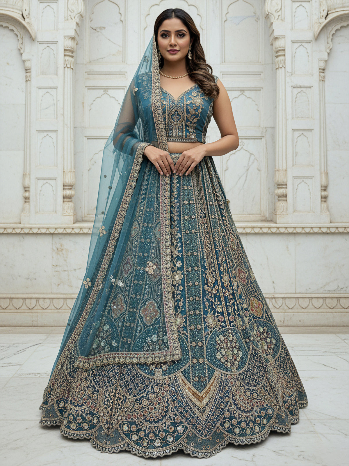 Teal Blue Designer Party Wear Lehenga Choli with Sequins, Zari, Dori & Diamond Work