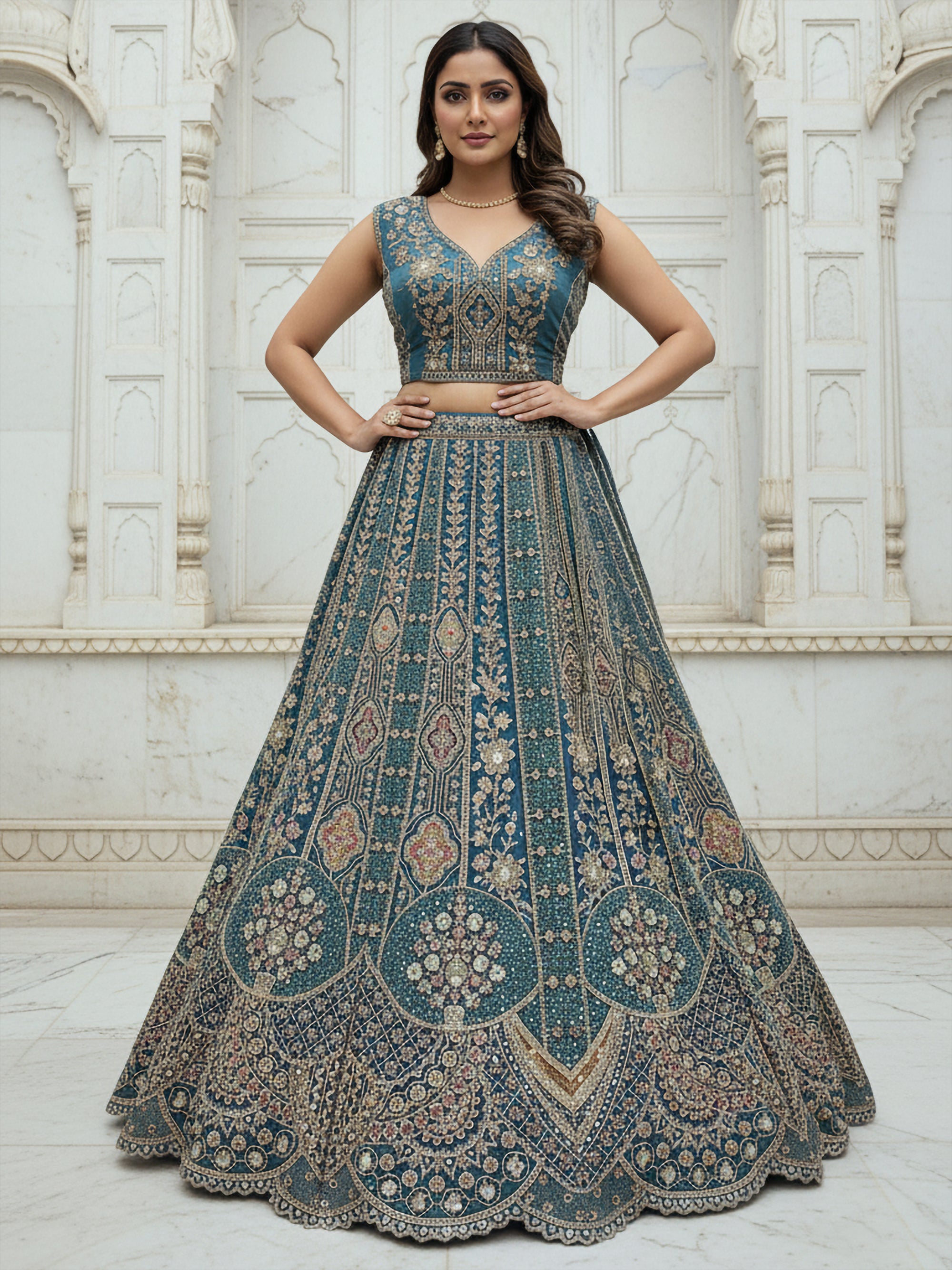Teal Blue Designer Party Wear Lehenga Choli with Sequins, Zari, Dori & Diamond Work