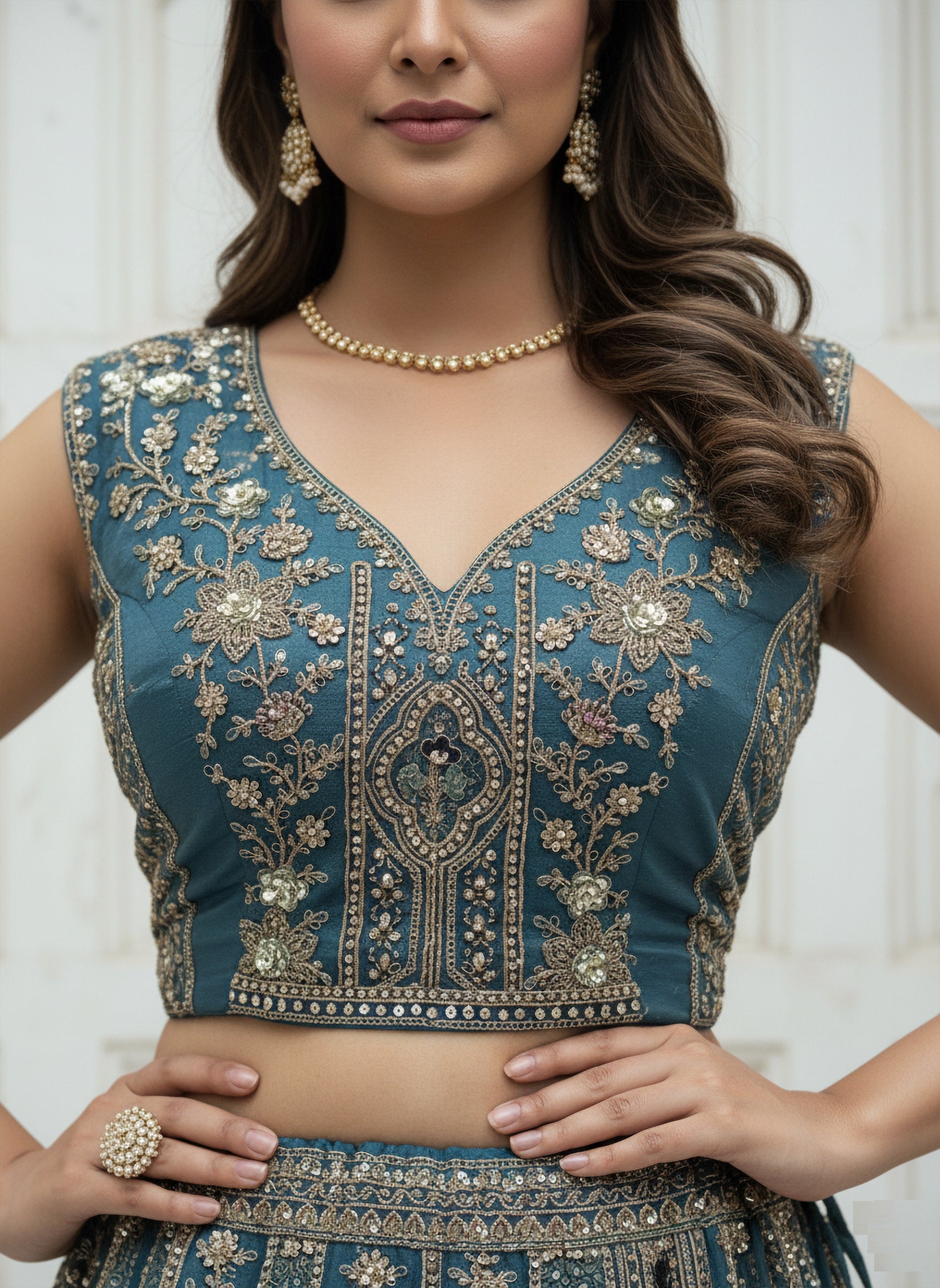 Teal Blue Designer Party Wear Lehenga Choli with Sequins, Zari, Dori & Diamond Work