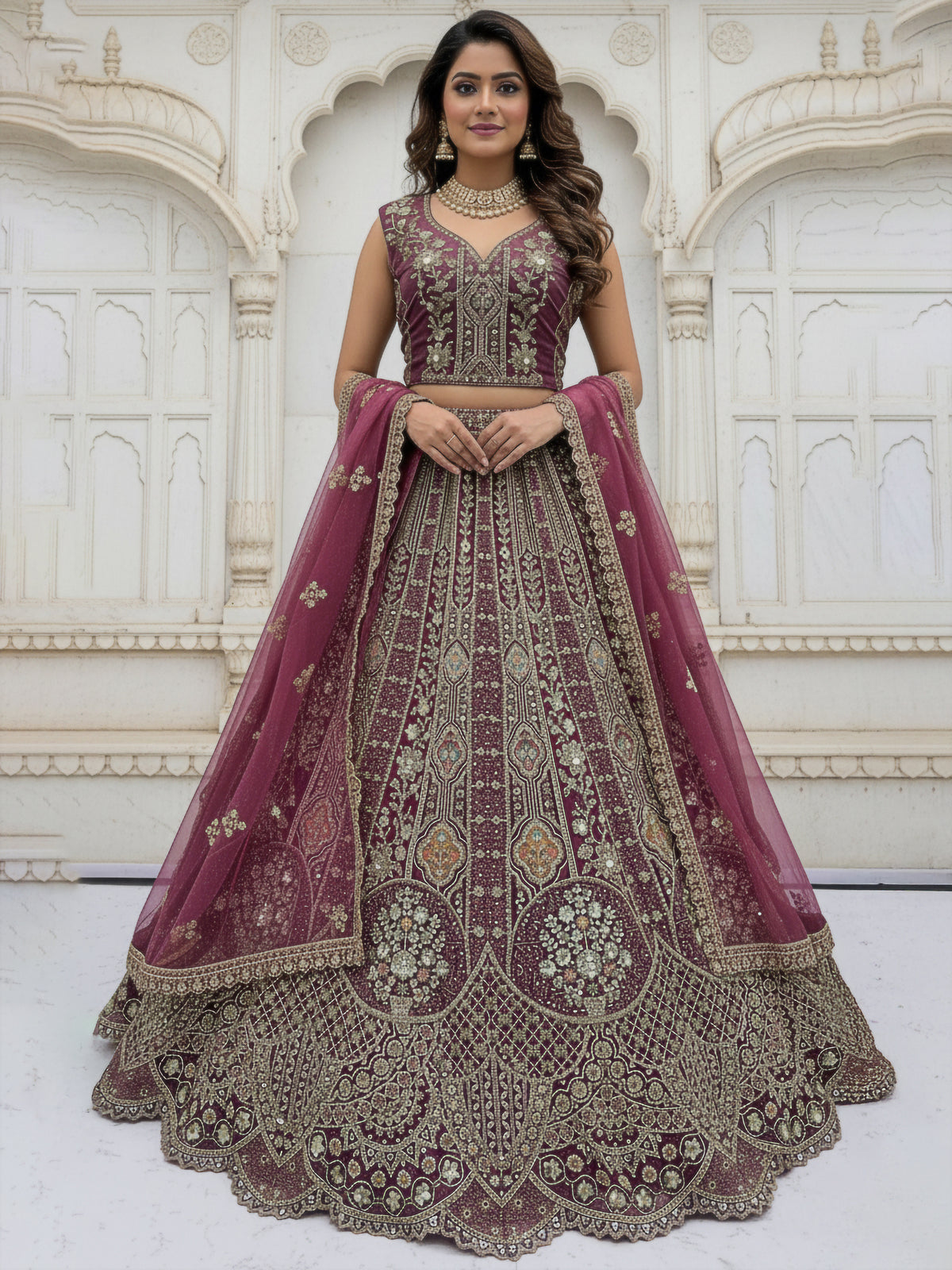 Wine Designer Party Wear Lehenga Choli with Sequins, Zari, Dori & Diamond Work